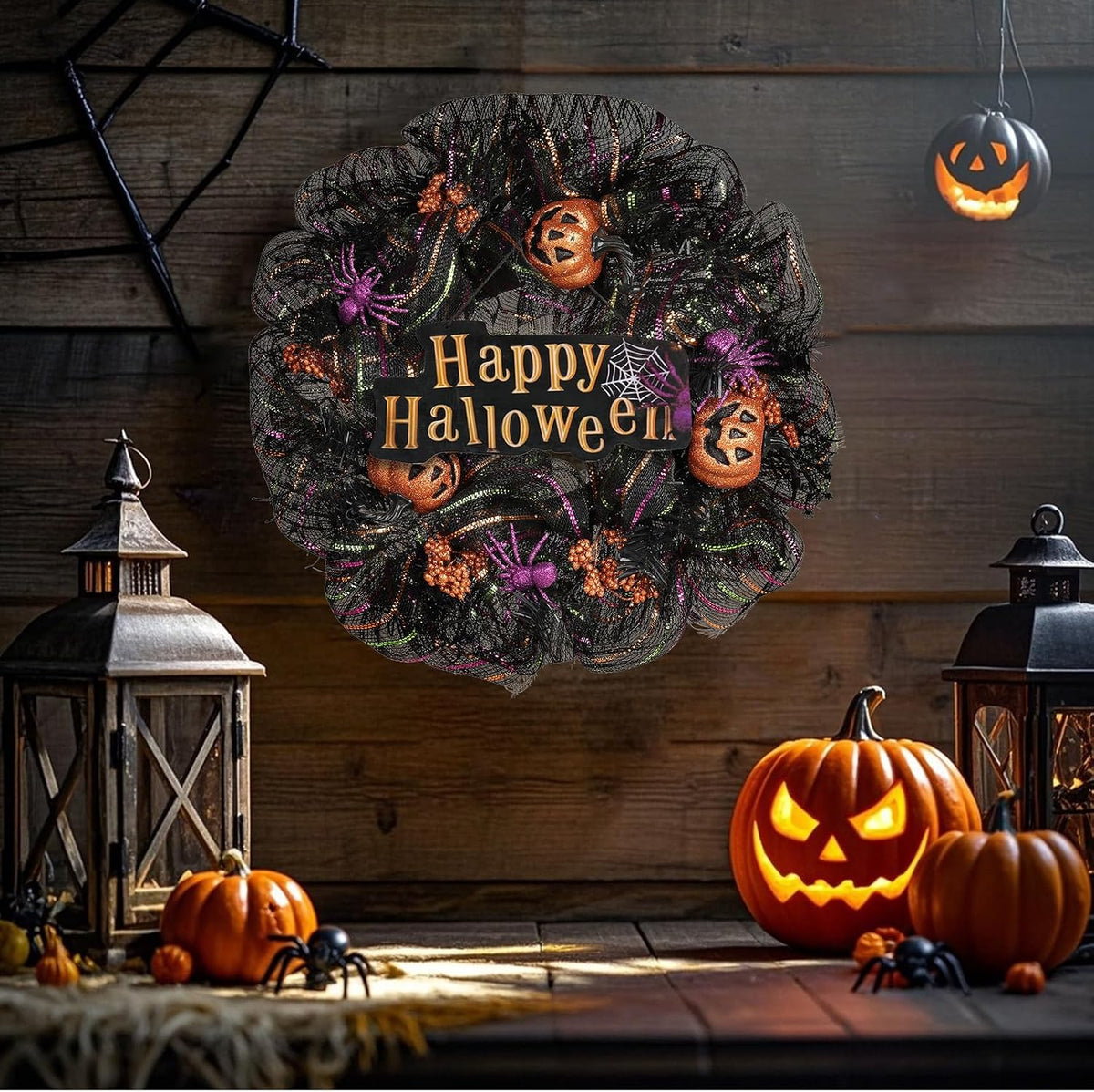 24 inch Wreath, Halloween Wreath for Front Door, Halloween Spider Decor Pumpk...