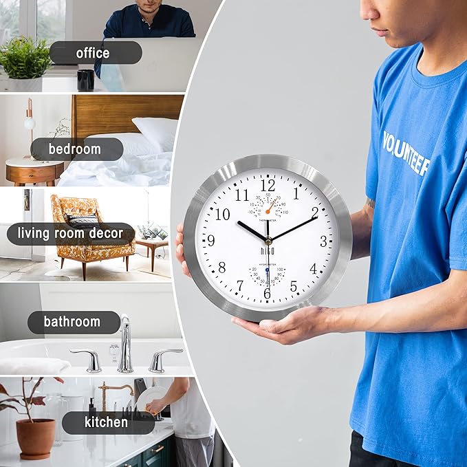 HITO 10 Inch Silent Wall Clock Battery Operated Non Ticking Glass Cover Silver - Image 5