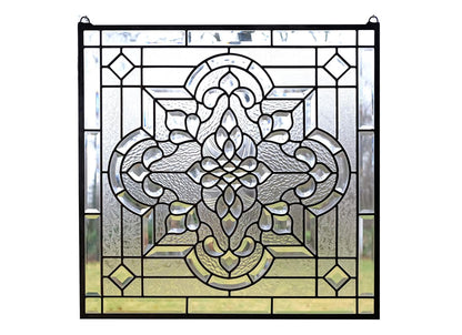 Stunning All Clear Stained Glass and Beveled Window Panel, 24"x 24"
