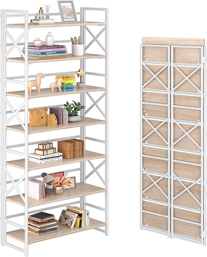 4NM 7 Tiers No Assembly Book Shelves, 72.4" H Folding Bookshelf Bookcase Open by 4NM