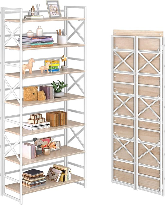 4NM 7 Tiers No Assembly Book Shelves, 72.4" H Folding Bookshelf Bookcase Open by 4NM