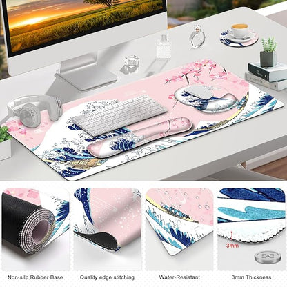 Gaming Mouse Pad, Large Desk Mat, Cute Desk Pad Protector, Japanese Wave of - Image 8