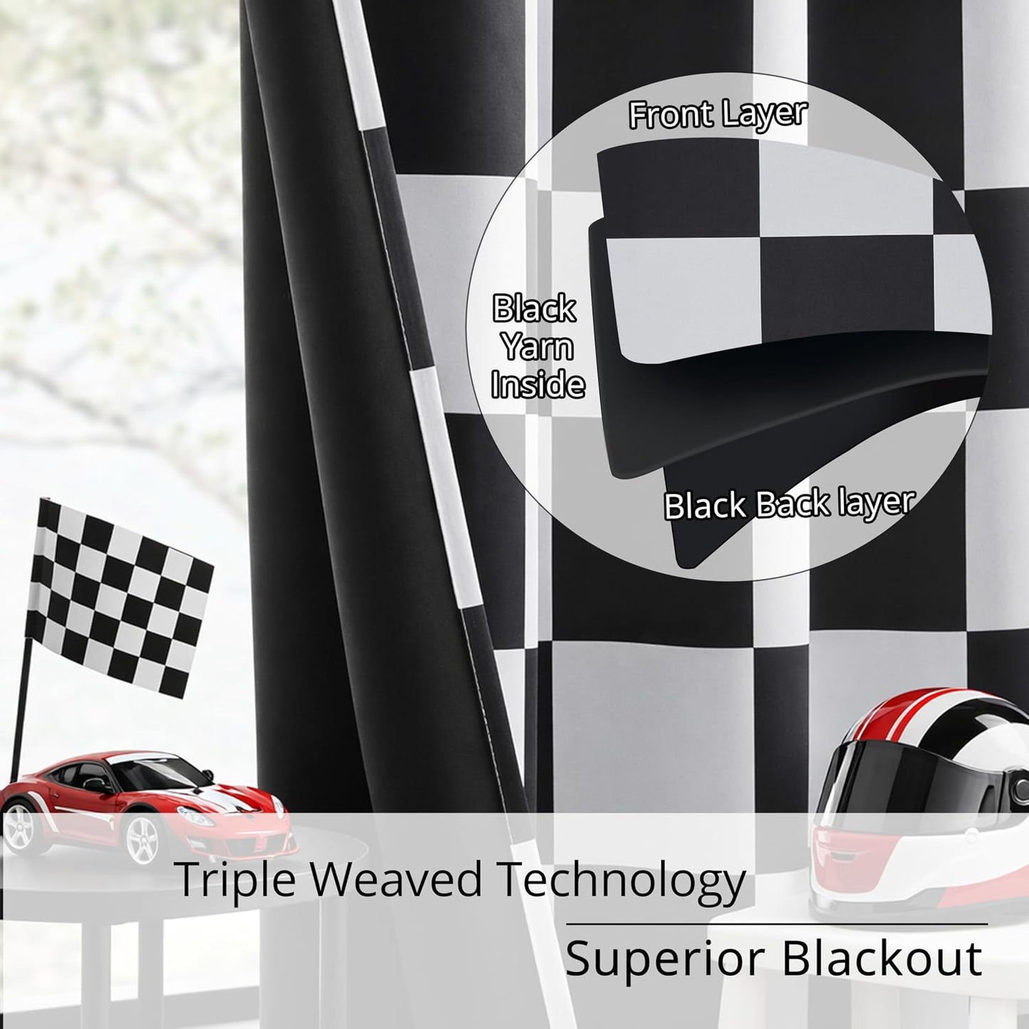 100% Blackout Curtains – Black and White Checkered Race Flag Pattern, 2 Panels, Each W52×L84, Thermal Insulated, Nosie Reducing for Bedroom, Living Room, Race car Drapes