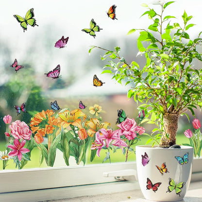 Whaline 9 Sheets Spring Butterfly Window Clings Summer Colorful Butterfly Flora Windows Decor Double-Sided Anti-Collision Reusable Decals Non-Adhesive for Home Window Glass