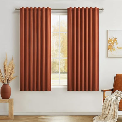Fall Burnt Orange Kitchen Curtains 54 Inch Length 2 Panels Set, Pleated Linen by QJMYDECO