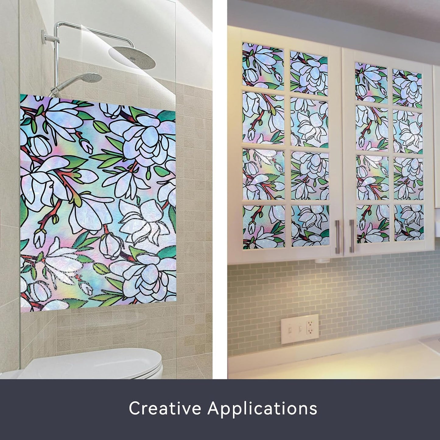 DKTIE Magnolia Pattern Stained Glass Window Film Floral Decorative | Window Privacy Film with Rainbow Effect Front Door Bathroom Room Decor (S678, 35.4in X 78.7in)