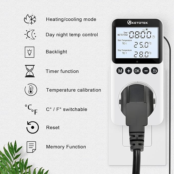 KETOTEK Plug in Thermostat Timer Temperature Controller Outlet - Image 2