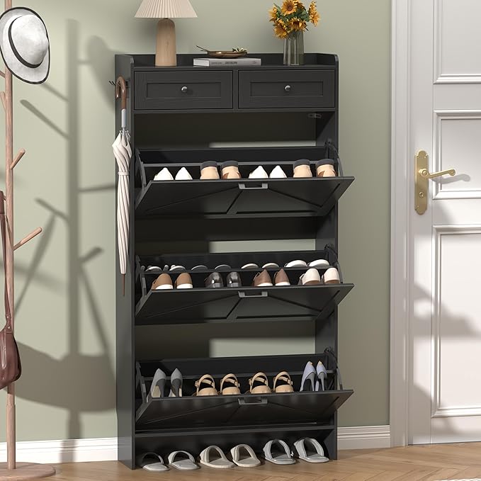Shoe Cabinet with 3 Flip Drawers & 2 Storage Drawers, Rustic Farmhouse Narrow by Thacuok