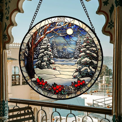 DASTOLL Stained Glass Window Hanging Christmas Tree Winter Snow Night Scenery - Image 7