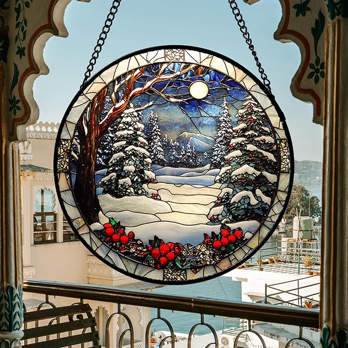 DASTOLL Stained Glass Window Hanging Christmas Tree Winter Snow Night Scenery - Image 3