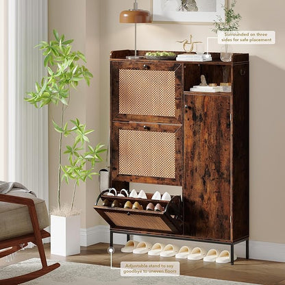Rattan Wooden Shoe Cabinet, Freestanding 3-Flip Drawer Shoe Storage Organizer - Image 5