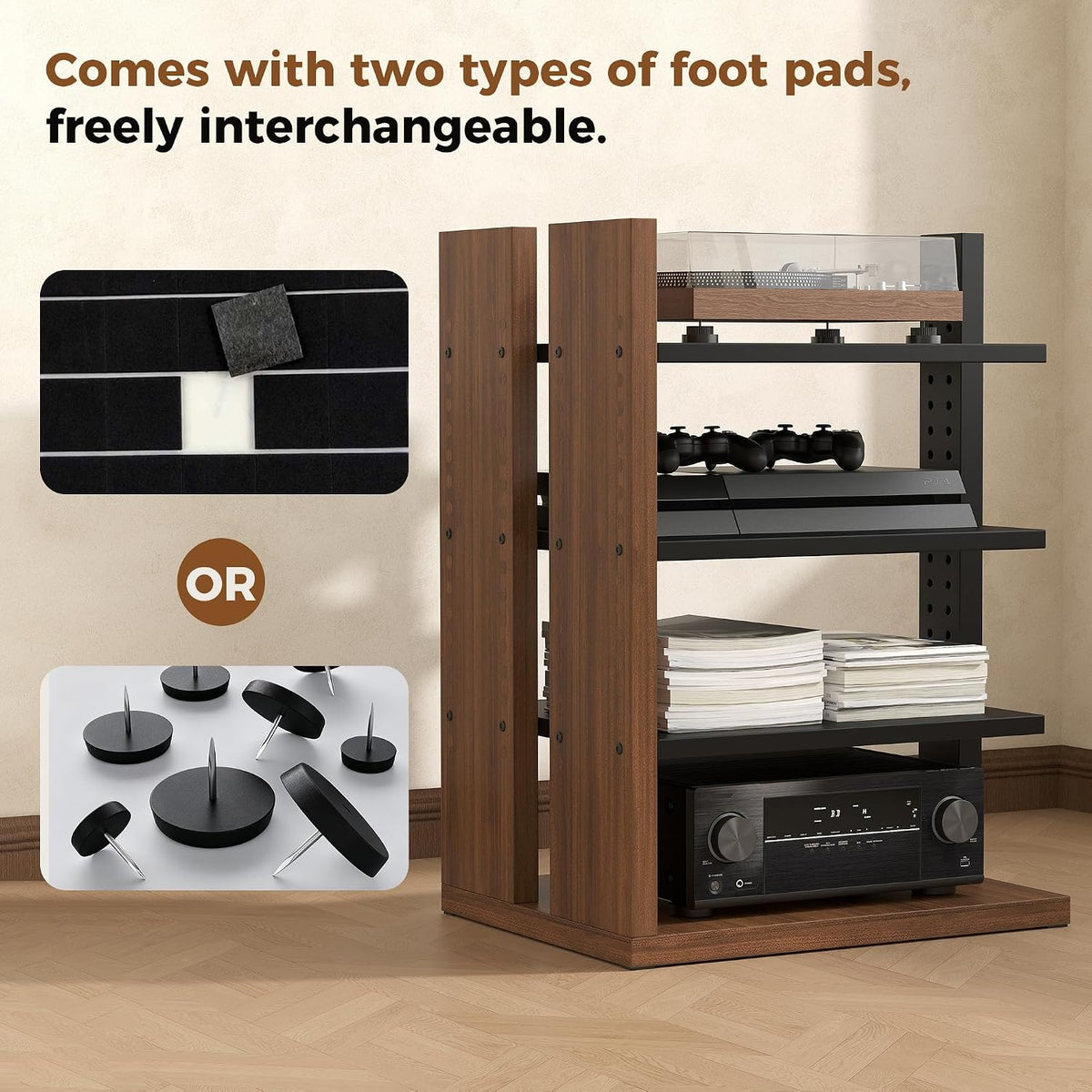 space-saving corner audio rack, 4-tier stereo cabinet media on a desk or shelf
