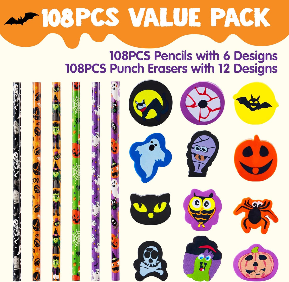 JOYIN 108PCS Halloween Pencils with Erasers Stationery Set, 108 Colorful Penc...