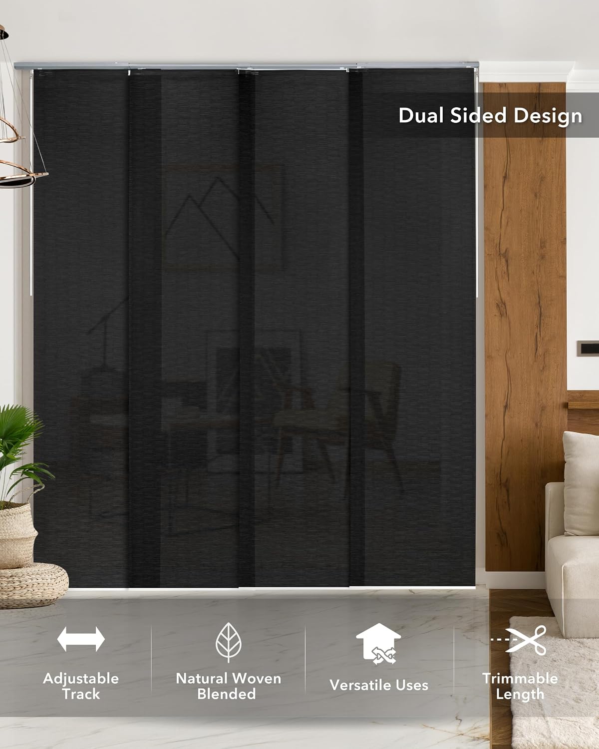 Cordless Panel Blinds Semi-Sheer 45.8"-86" x 96", Tulip Noir | Cordless Semi-Sheer Panel Blinds for Windows, Sliding Glass Doors and Room Dividers with Adjustable Track