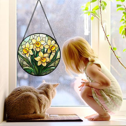 DASTOLL Stained Glass Window Hanging, Daffodil Plant Flowers Sun Catchers - Image 2