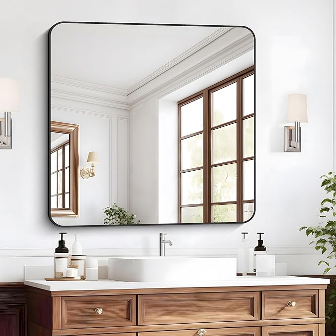 Bathroom Mirror, 39x39 inch Black Square Wall Mirror, Metal Frame Rounded by WelcometoCIVENO