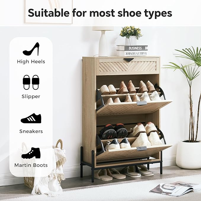 Shoe Cabinet Storage with 2 Flip Drawers, Narrow Hidden Shoes Cabinet Organizer - Image 3