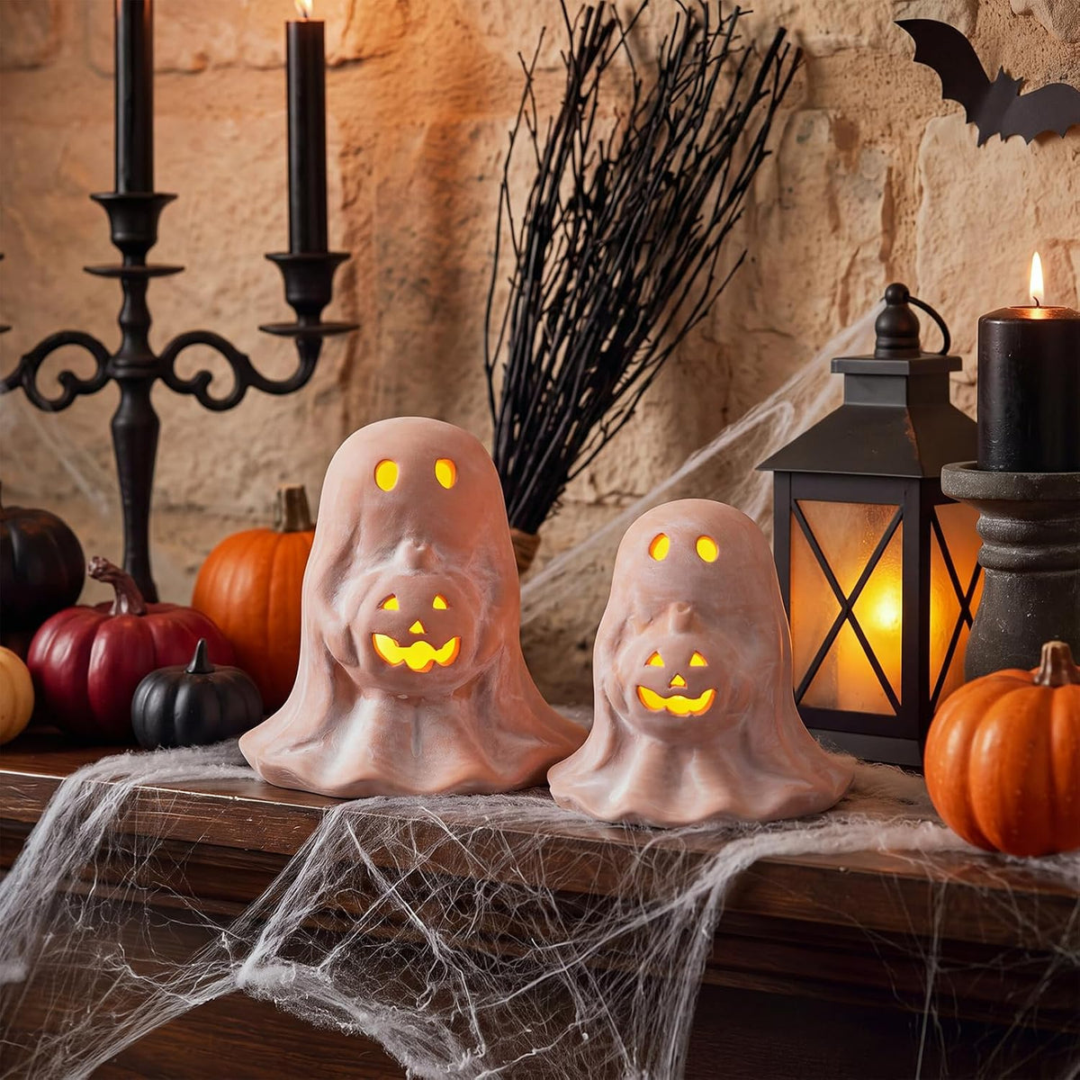 Tioncy 2 Pcs Halloween Terracotta Ghost Tealight Holder, Terracotta, Retro
