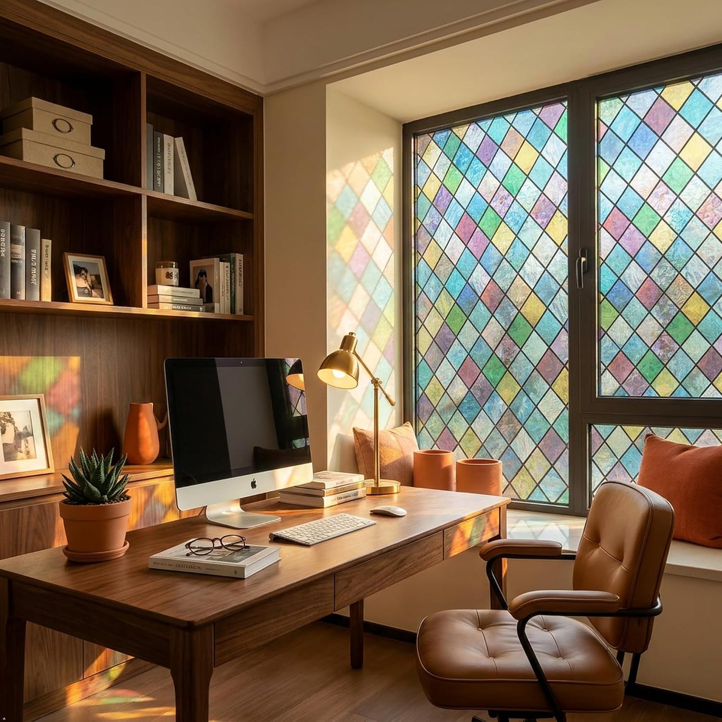 Stained Glass Window Film, Colorful Geometric Diamond, 17.5"x 78.7" | Blocks Clear View, Casts Soft Rainbow Light | Static Cling, No Glue, Residue-Free | UV Blocking, Reusable | For Home & Office