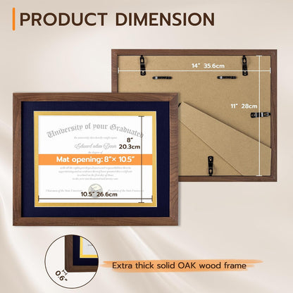 Fun Memories Walnut Wood 11x14 Diploma Frame, 100% Solid Walnut Wood Certificate Picture Frame with High Definition Glass, Document Frame for Wall and Tabletop, Blue Mat