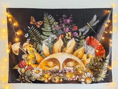 Boho Sun Extra Large Tapestry for Bedroom Aesthetic, Vintage Mushroom Botanical Plant Art Tapestries Wall Hanging for College Dorm Living Room Decor 90X70, Fairy Galaxy Poster Blanket