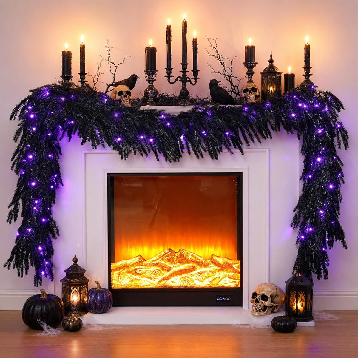N&T NIETING 9FT Black Halloween Pre-Lit Garland with 70 LED Lights Real T...
