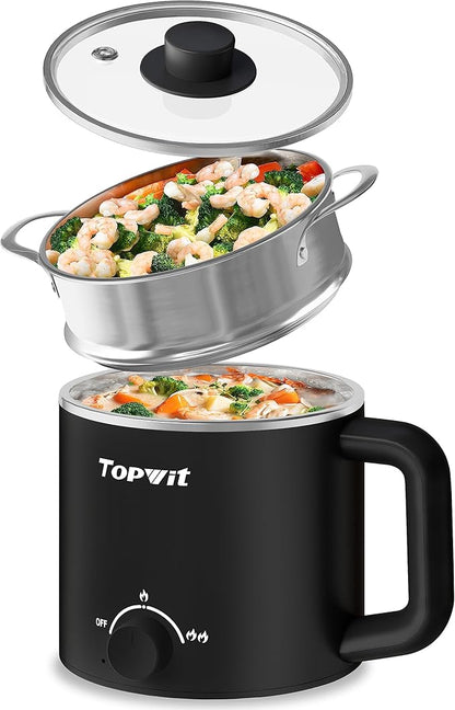 Topwit Hot Pot Electric with Steamer, 1.6L Ramen Cooker, Electric Pot by TOPWIT