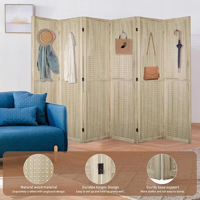 ECOMEX 6 Panel Room Divider, 5.6Ft Pegboard Display Wooden Folding Privacy - Image 3
