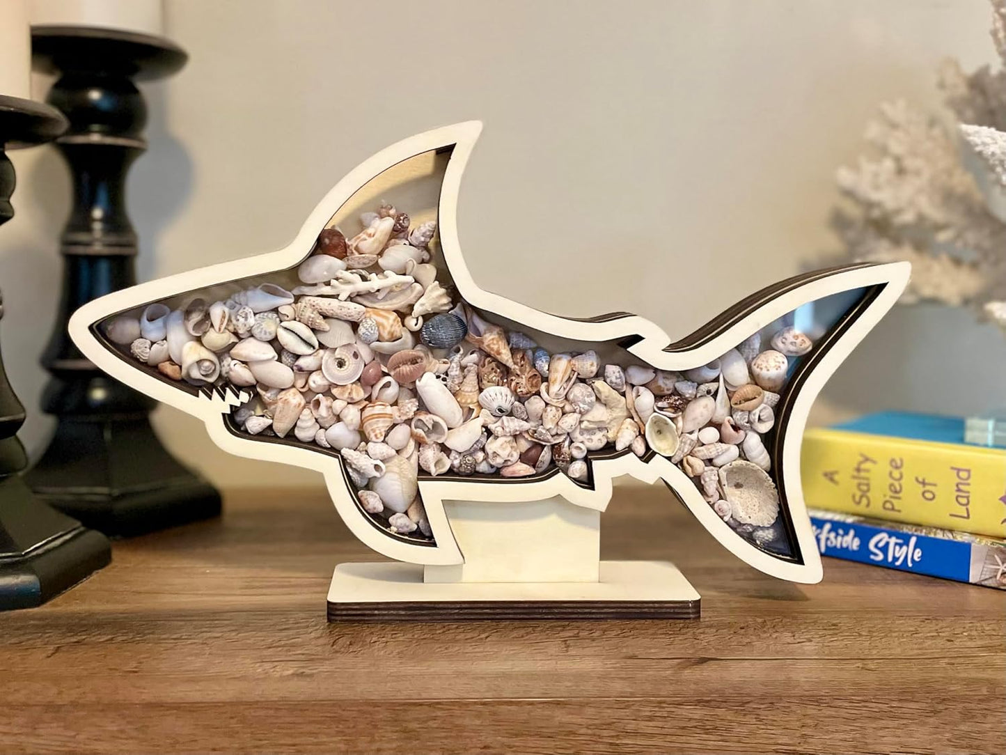 Shark Tooth Display Case XL 14” – Megalodon-Shaped Shark Teeth Holder for Collectors – Wooden Display for Fossilized Shark Teeth – Shark Tooth Holder Coastal Décor by Fossil King