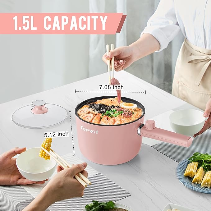 Topwit Hot Pot Electric, 1.5L Ramen Cooker, Portable Non-Stick Frying Pan - Image 3