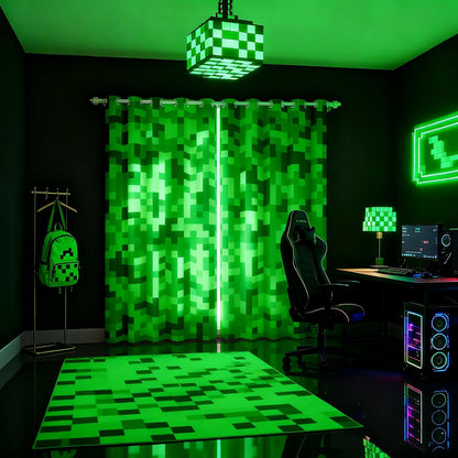 Green Pixelated Miners Curtains for Boys Kid Teens Bedroom Decor,Video Games Window Curtain,Cartoon Gamepad Blackout Window Treatment Curtain Modern Geometric Check Window Drapes,2 Panels,42Wx90L