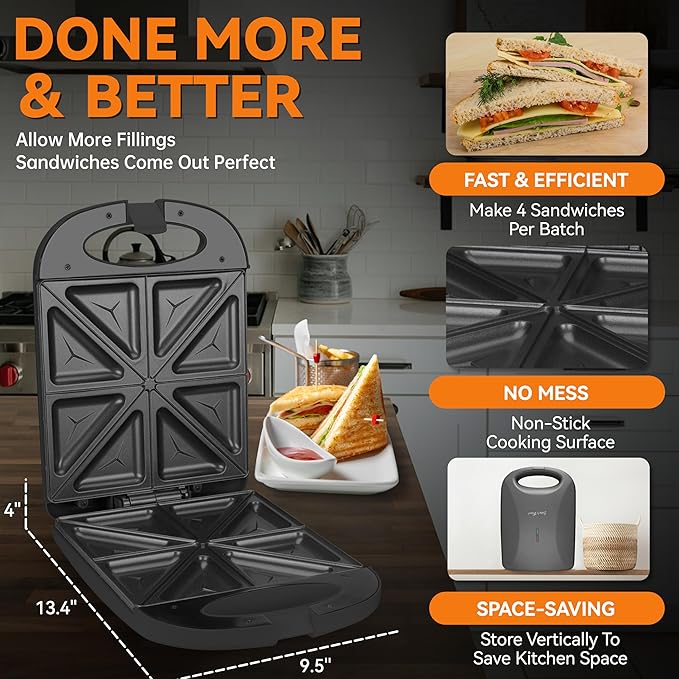 Baker’s Friend Breakfast Sandwich Maker, 4 Slices of Panini Grill Press - Image 4