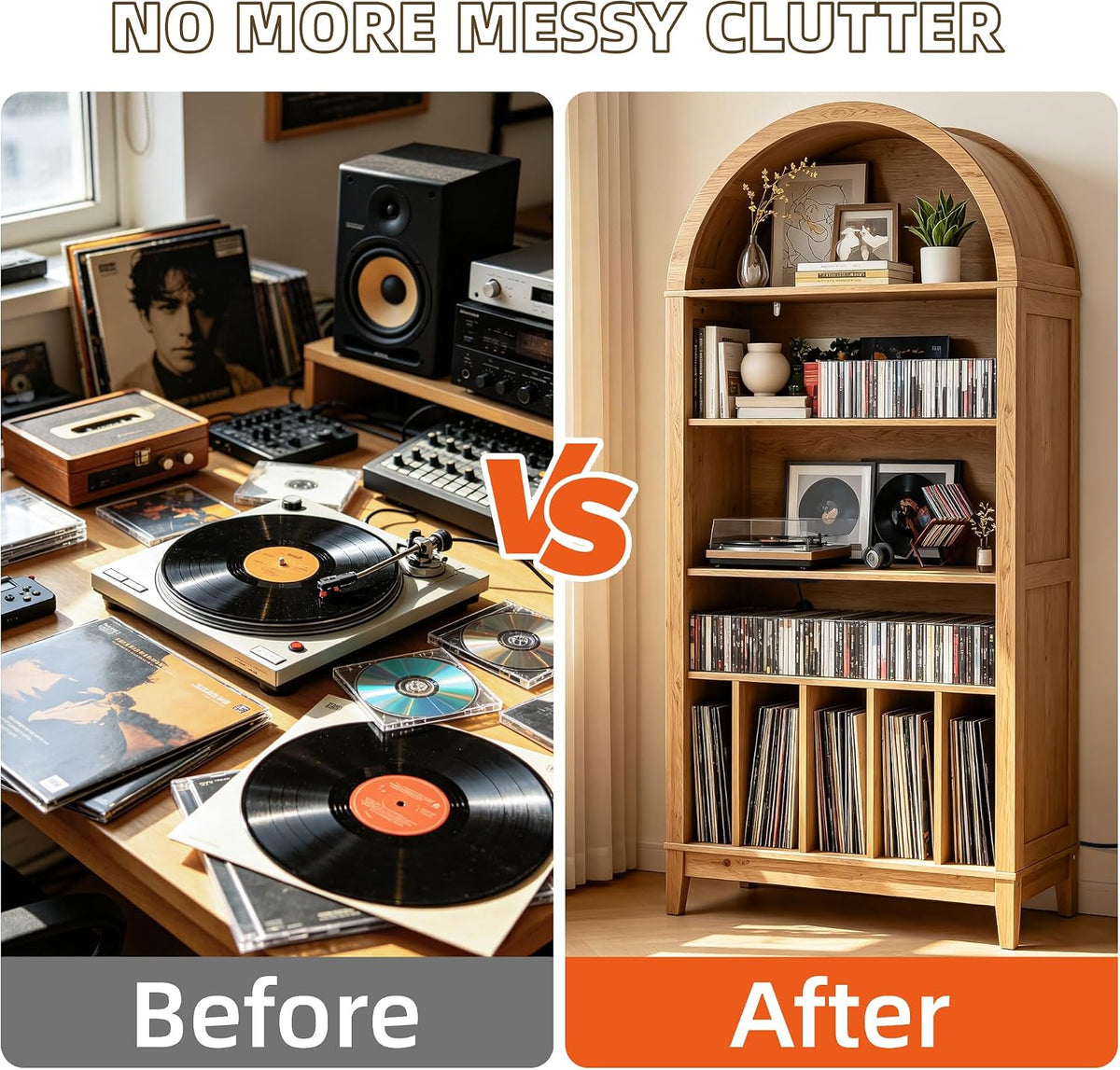 Large Record Player Stand Holds 350+ Albums, 5 Tier Arched Bookshelf Vinyl Re...