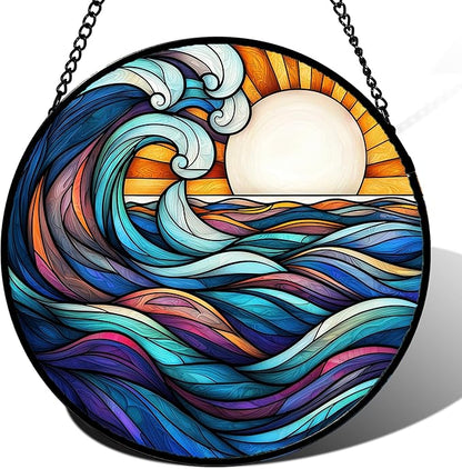 DASTOLL Stained Glass Window Hanging, Big Wave Sun Suncatcher Diamond Glass by DASTOLL