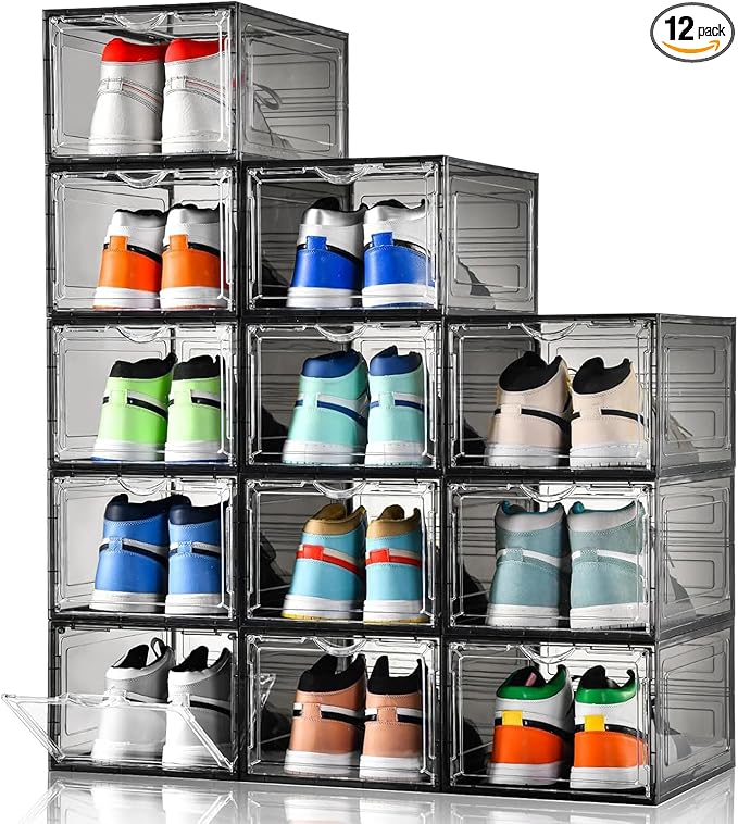 Clemate Upgraded X-Large Shoe Storage Box, 12 Pack, Shoe Box Clear Plastic by Clemate