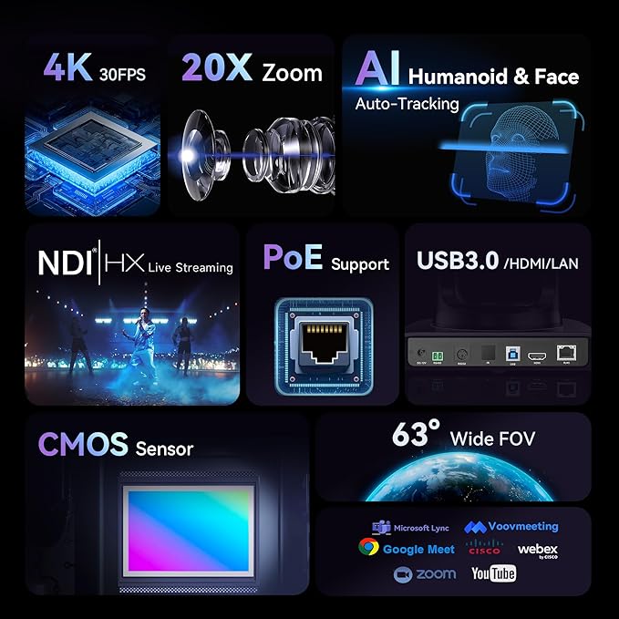Tenveo 4K NDI PTZ Camera AI Humanoid & Face Auto-Tracking, HDMI/LAN/USB3.0 PoE - Image 2