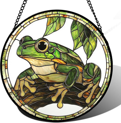 DASTOLL Stained Glass Window Hanging, Frog Green Leaf Sun Catchers Colorful by DASTOLL