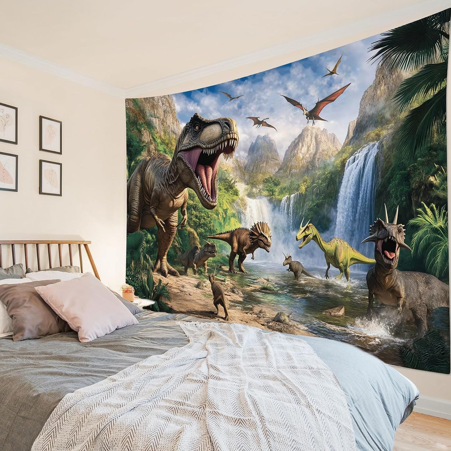 HVEST Dinosaur Tapestry Wall Hanging Wild Animal Dinosaur in Green Forest Wall Art Mountain Waterfall Nature Landscape Tapestry for Bedroom Living Room Teen Dorm Party Wall Decor, 40L X 60W inches