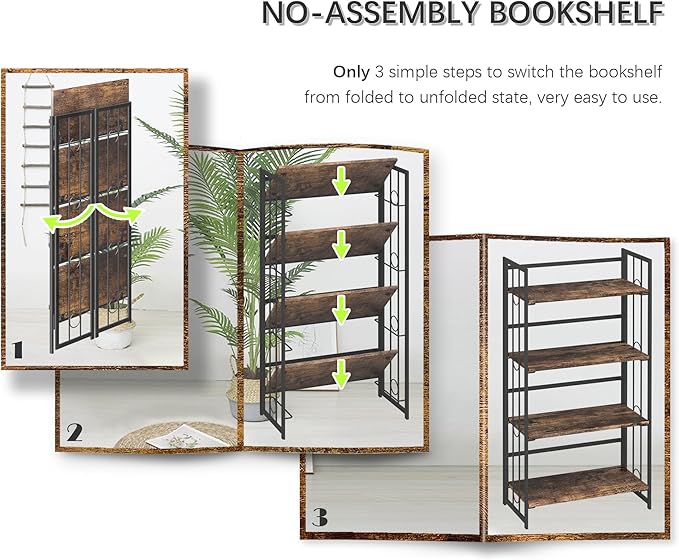4NM No Assembly 4 Tiers Folding Bookshelf, 47.2" H Foldable Storage Shelves - Image 8