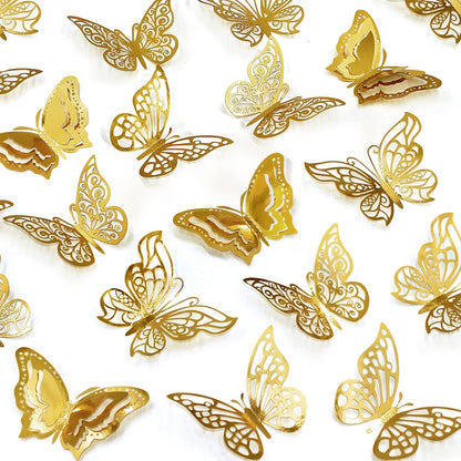 96 Pcs Butterfly Decorations，4 Styles,3 Sizes，3D Butterfly Wall Decor Party Decorations Butterflies for Crafts Birthday & Wedding Celebrations Cake Decorating Balloons Removable Stickers Gold