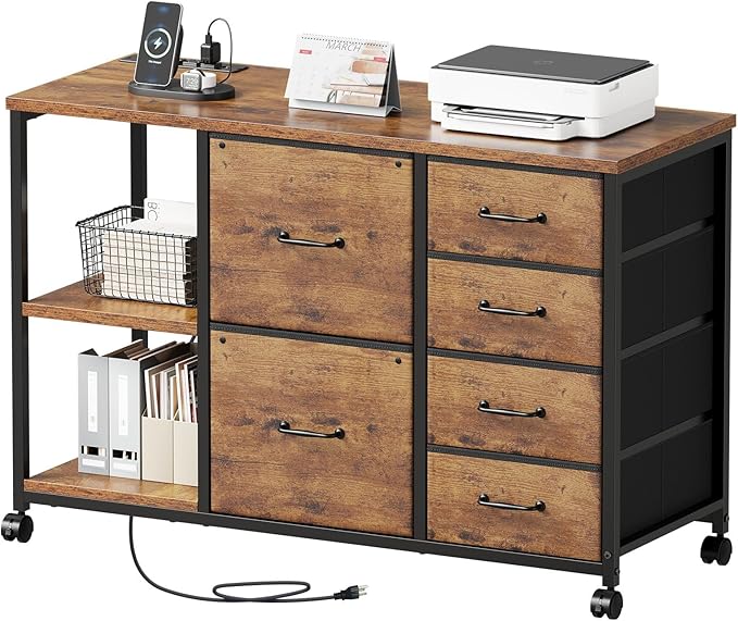 6 Drawer File Cabinet with Charging Station Rolling Printer Stand with Open by Maihail