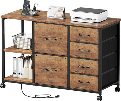 6 Drawer File Cabinet with Charging Station Rolling Printer Stand with Open by Maihail