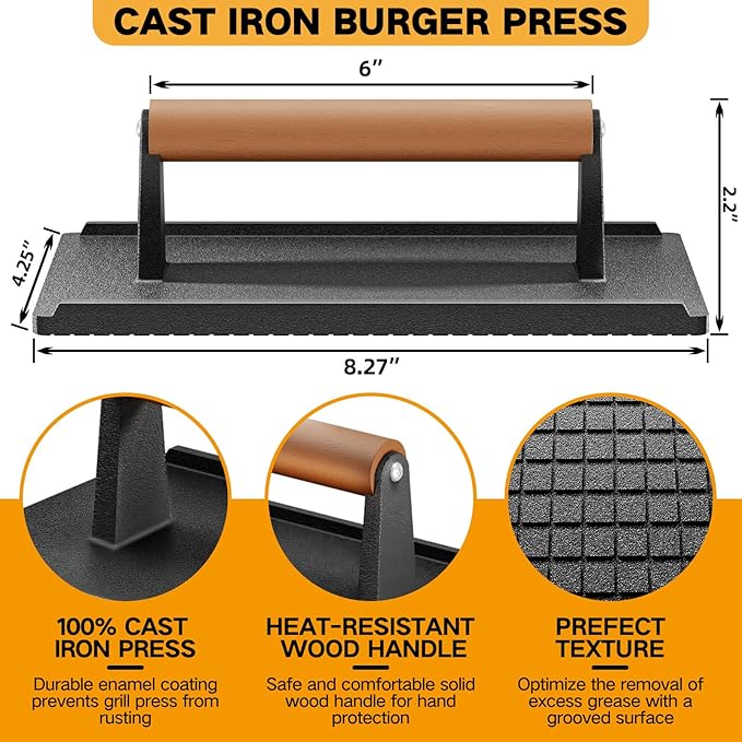 Yoehka Cast Iron Grill Press-1PCS, Heavy Duty Bacon/Burger/Griddle/Chef Press - Image 2