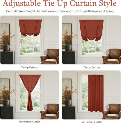 DriftAway Double Layer Linen Blackout Tie Up Curtains Thermal Insulated Fully Lined Balloon Roman Shade Bathroom Window Adjustable Rod Pocket for Small Window 39 Inch by 55 Inch Burnt Orange