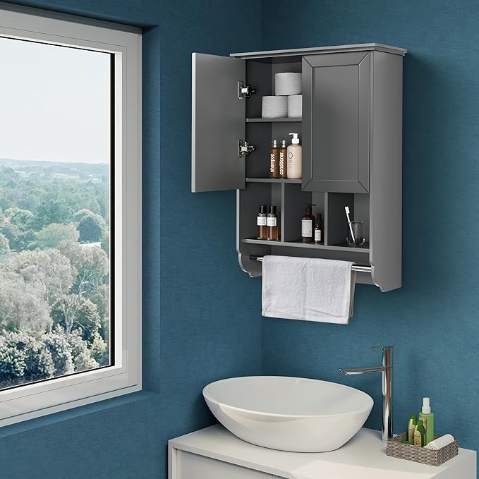 Bathroom Wall Cabinet with Towel Bar, Wooden Medicine Cabinet Adjustable Shelves - Image 2