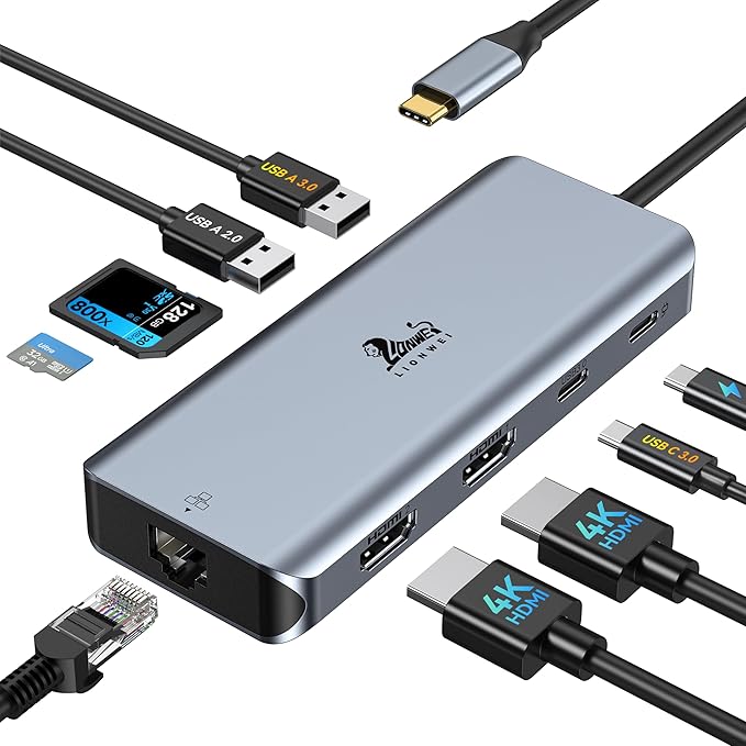 LIONWEI 9 in 1 Laptop Docking Station, Dual HDMI, 100W PD, USB C 3.0, USB C Hub by LIONWEI