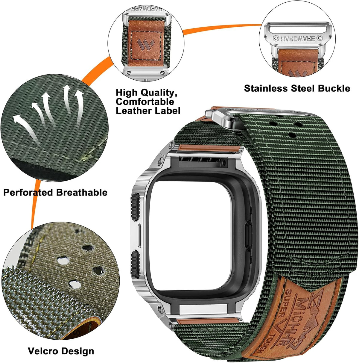 miohhr nylon bands with stainless steel case for, side view