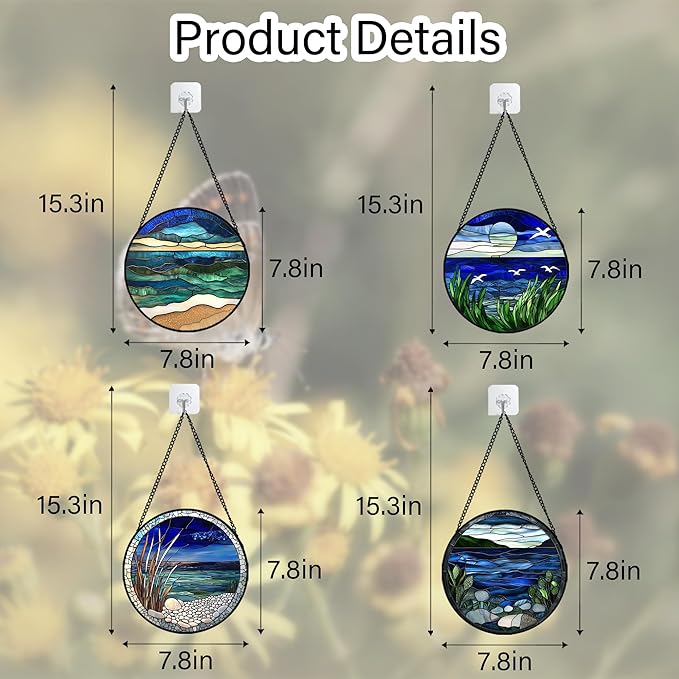 AMDERVEN Stained Glass Window Hanging 4 Pcs Set Navy Blue Ocean Landscape 7.8" - Image 6