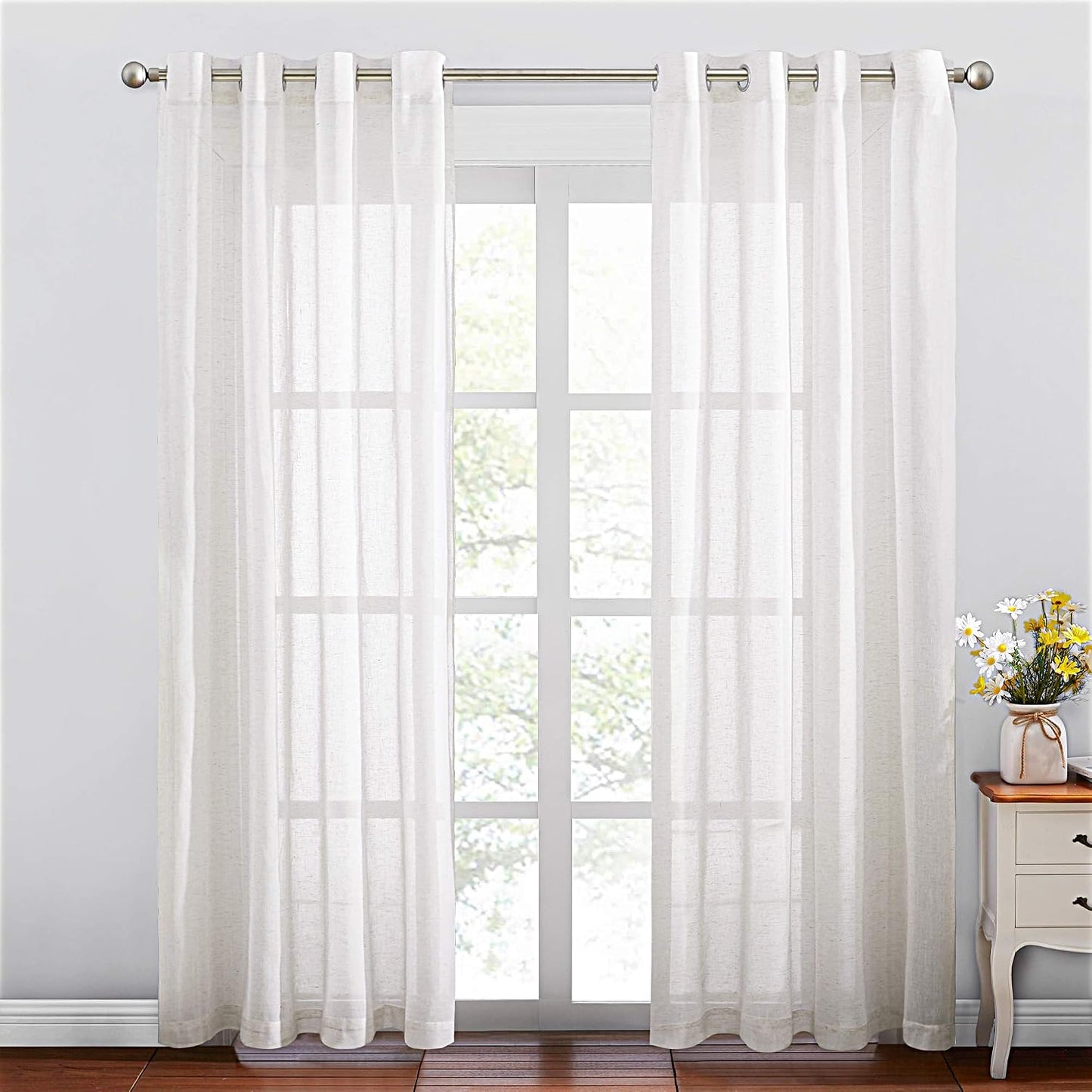 NICETOWN Linen Curtains Off White Sheer Flax Textured, Grommet Semi Linen Sheer Window Treatments Privacy with Light Filtering Vertical Drapes for Bedroom/Living Room, W52 x L84, 2 Panels