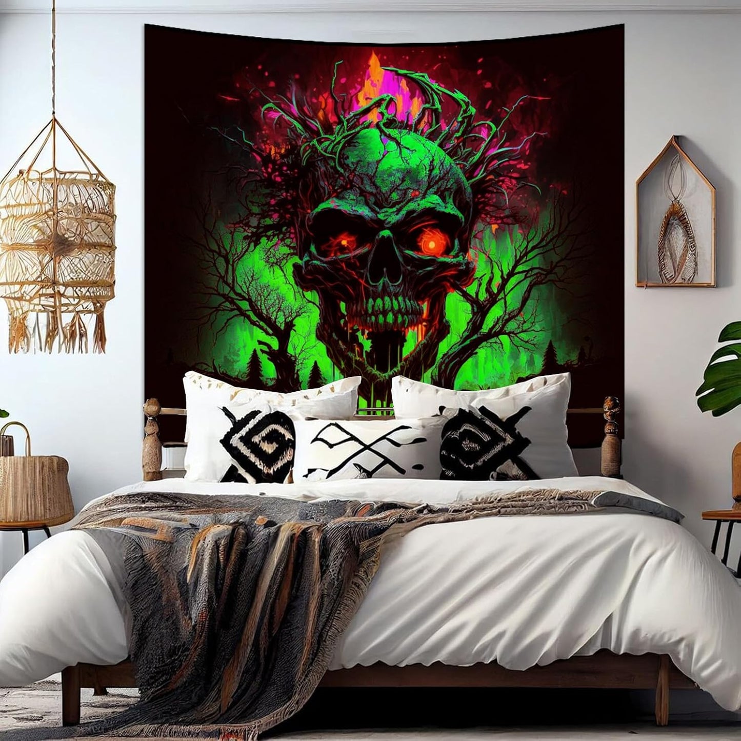 SparkLia Blacklight Fire Skull Tapestry, UV Reactive Burning Skeleton Horror Wall Hanging, Glow in the Dark Scary Dark Forest Surreal Artwork Wall Tapestries Room Decor for Bedroom, Living Room - 29.5" x 39.4"